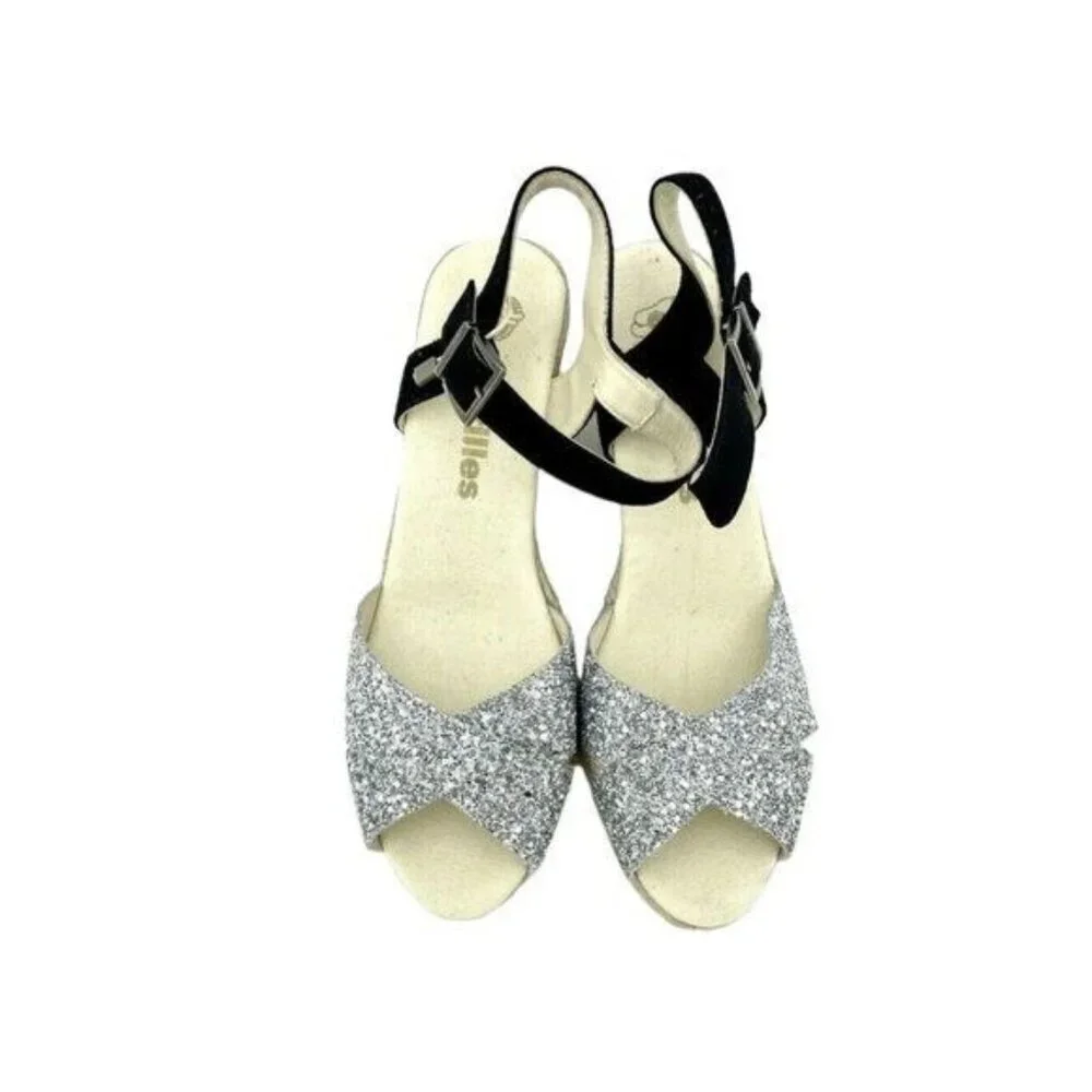 ESPADRILLES Boem Wedge Sandals Silver Glitter Black Suede Sz 42 US 11.5 US NIB